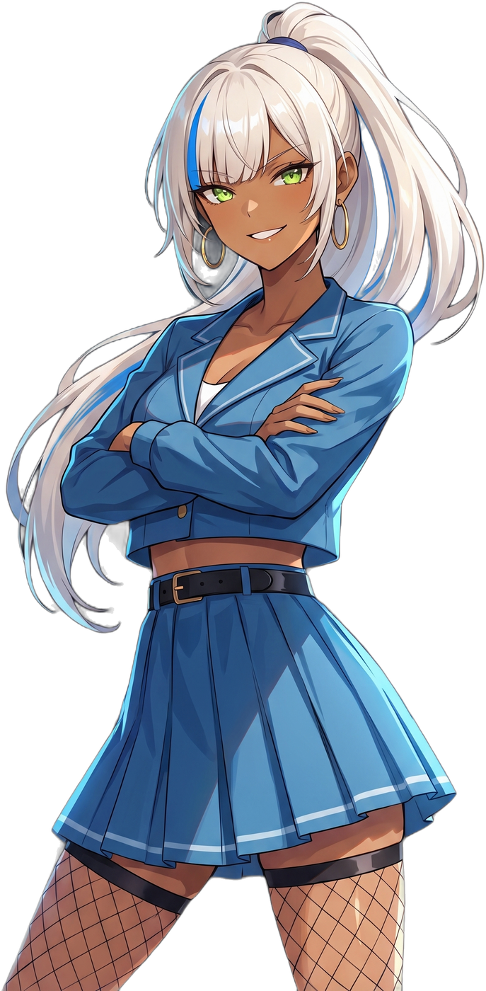 Asuko in her cropped blue stage blazer, arms crossed, smiling at you