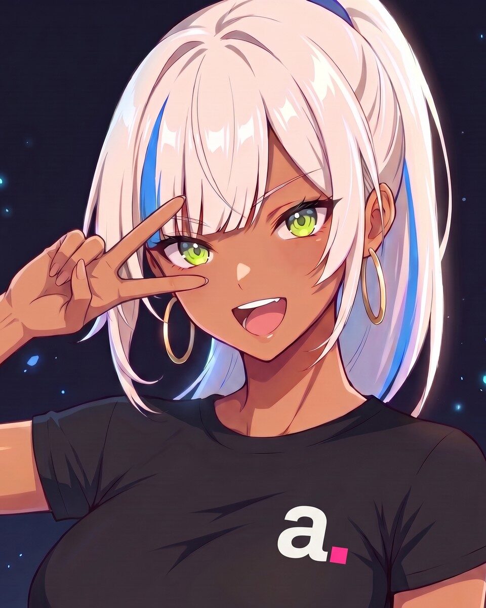 Asuko in the black a. tee, grinning, a peace sign at her eye